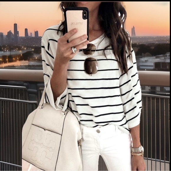 Beautiful Soft White With Black Stripes Looser Fit 3 Quarter Sleeves Dress Shirt - Picture 1 of 6